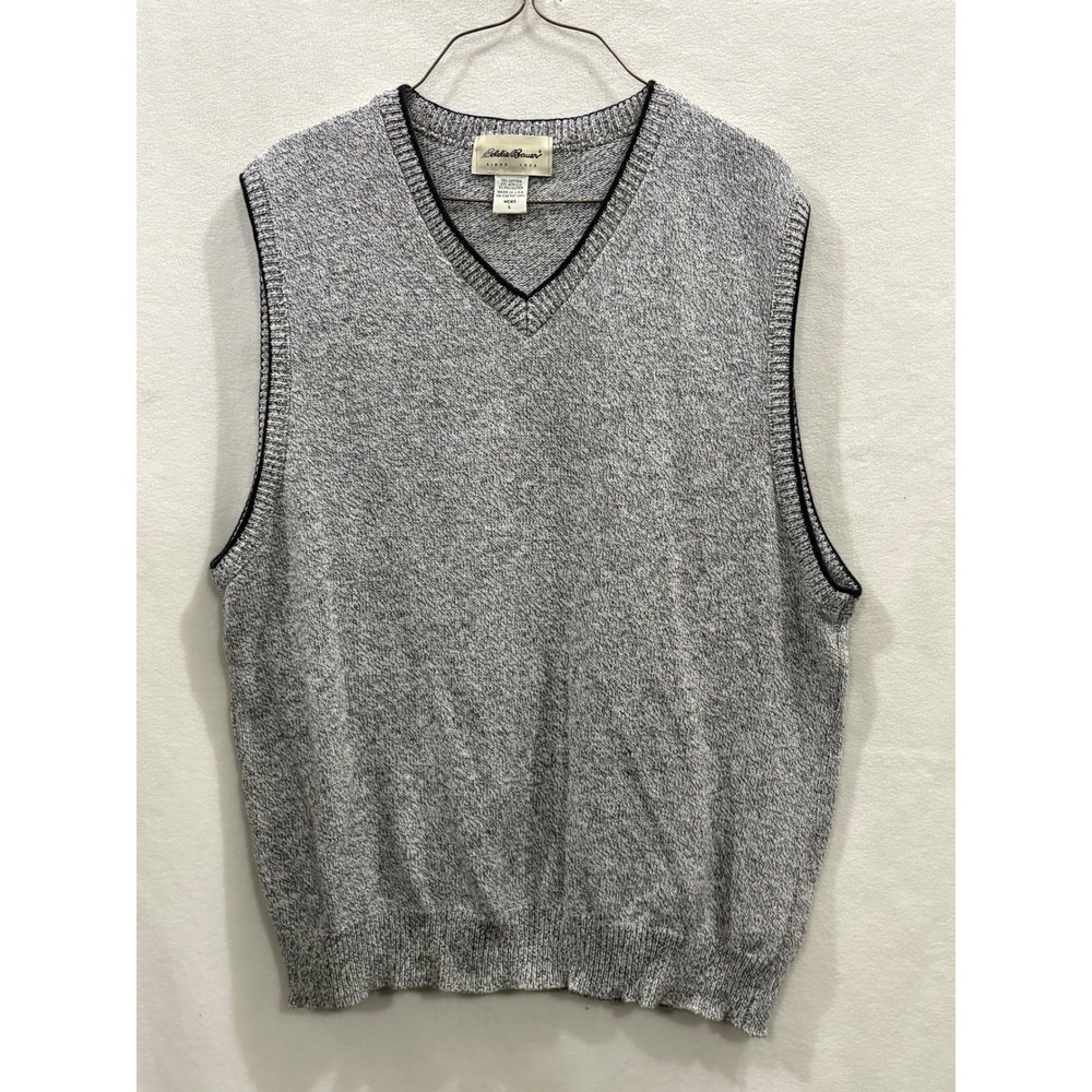 Eddie Bauer Mens Grey Marled V-Neck Sweater Vest Cotton Blend Size L Made in USA